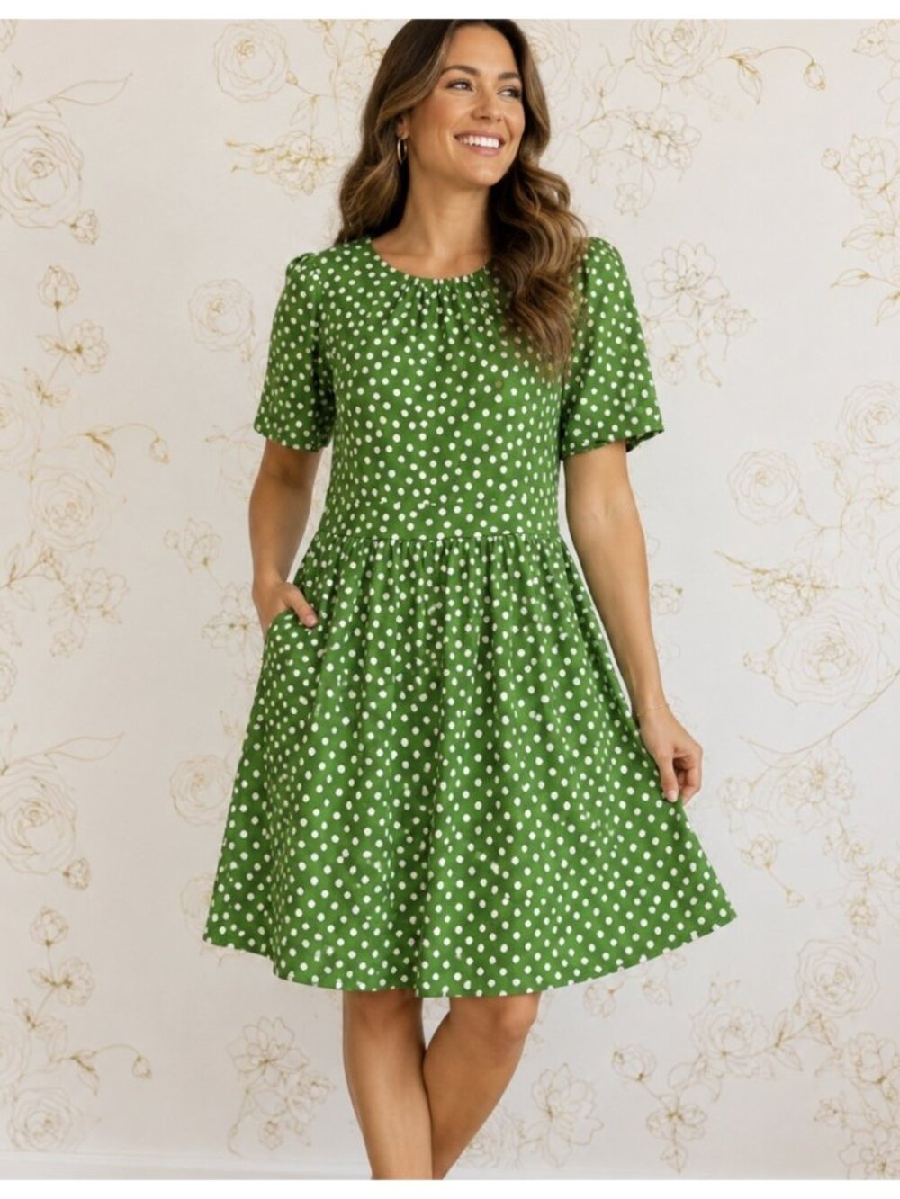 Boden Louisa Dress Size 4 R Green White Polka Dot Jersey Pockets NWT